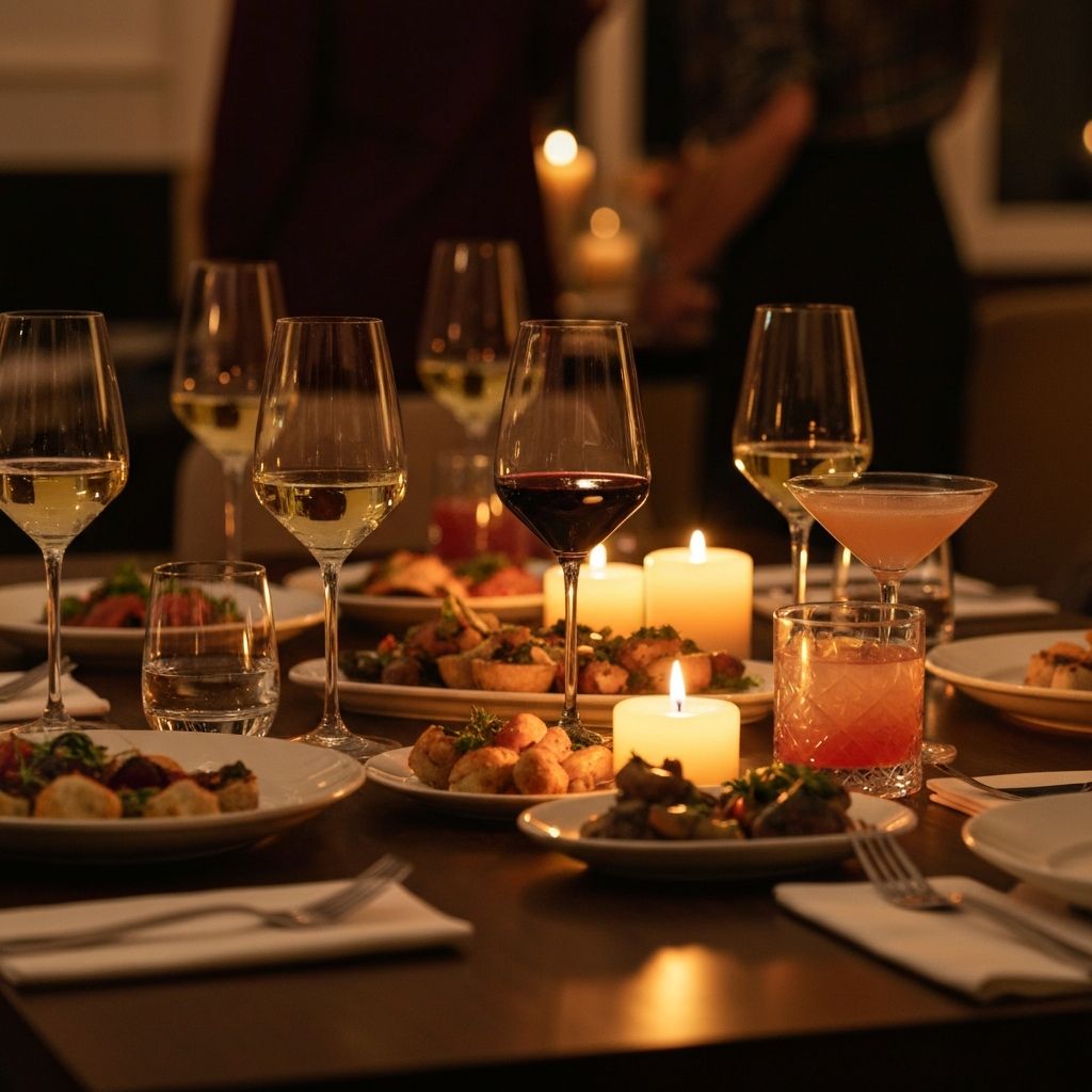 Wine glasses and cocktails on dinner table with food
