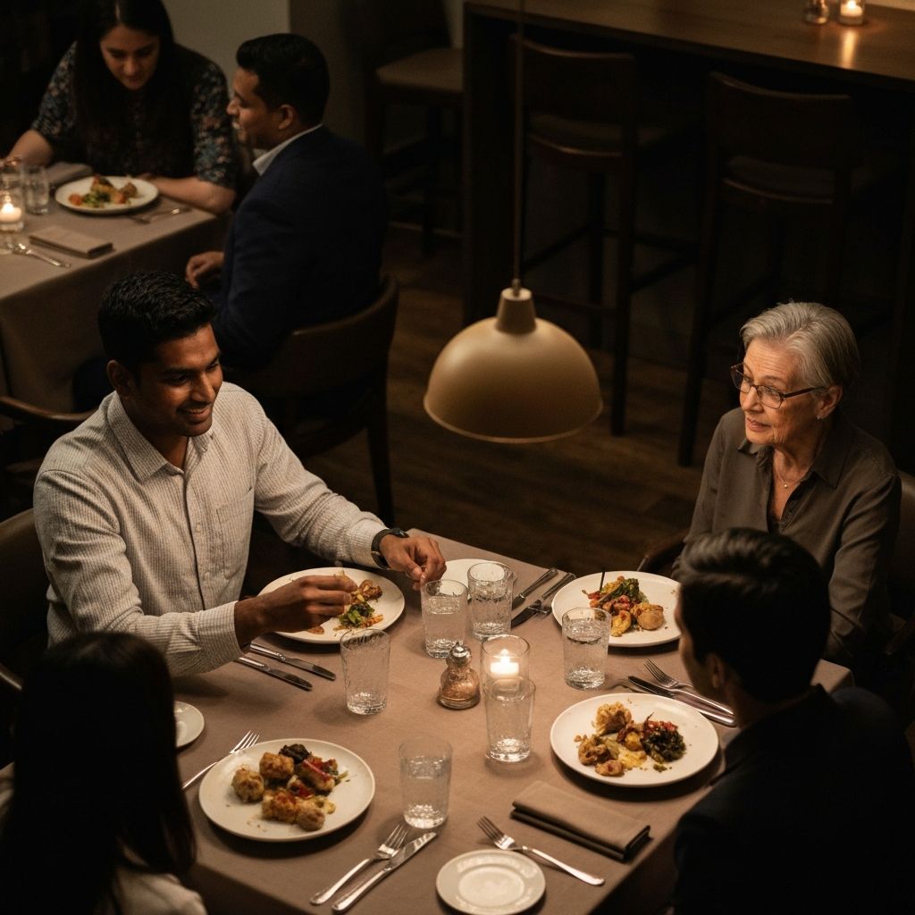 Overhead restaurant table with soft focus of multiple diners sharing a meal
