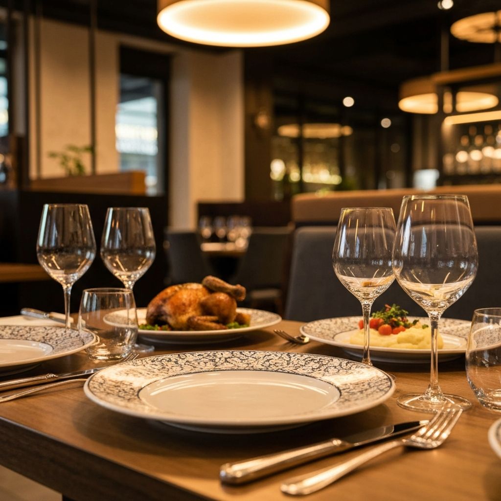 Restaurant table with large decorative plates and visible food