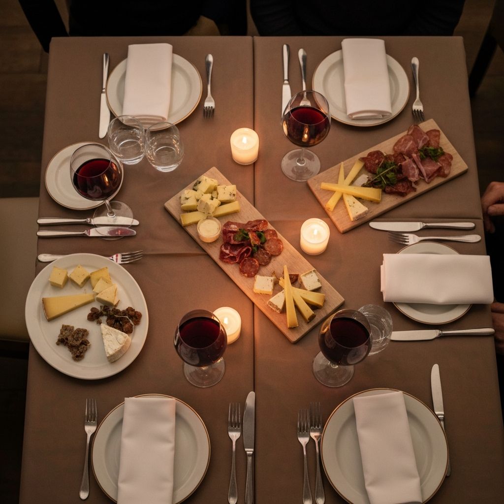 Warm-lit restaurant table with shared platters and glasses